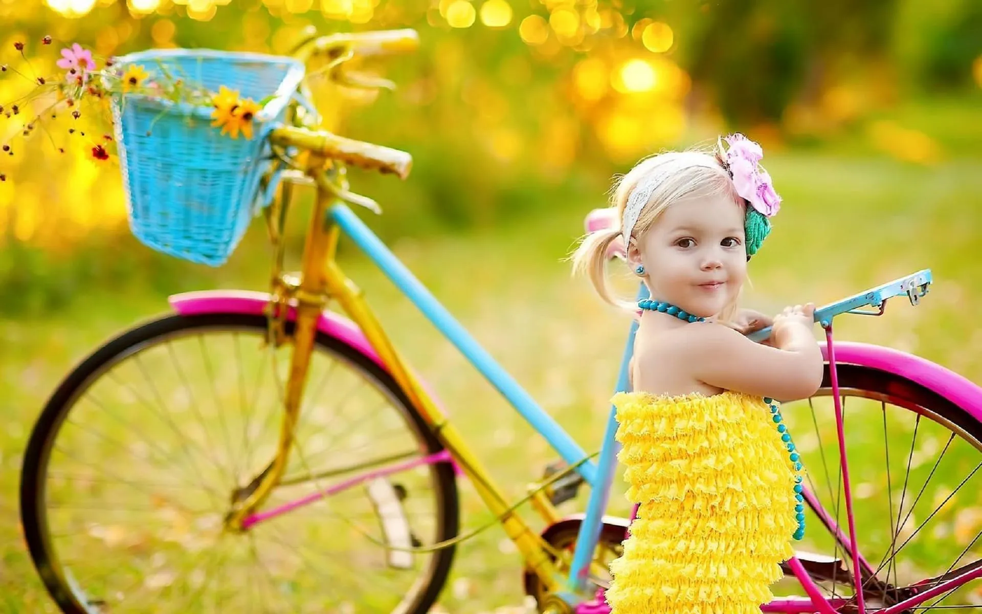 cute girl with bicycle very happy hd wallpaper