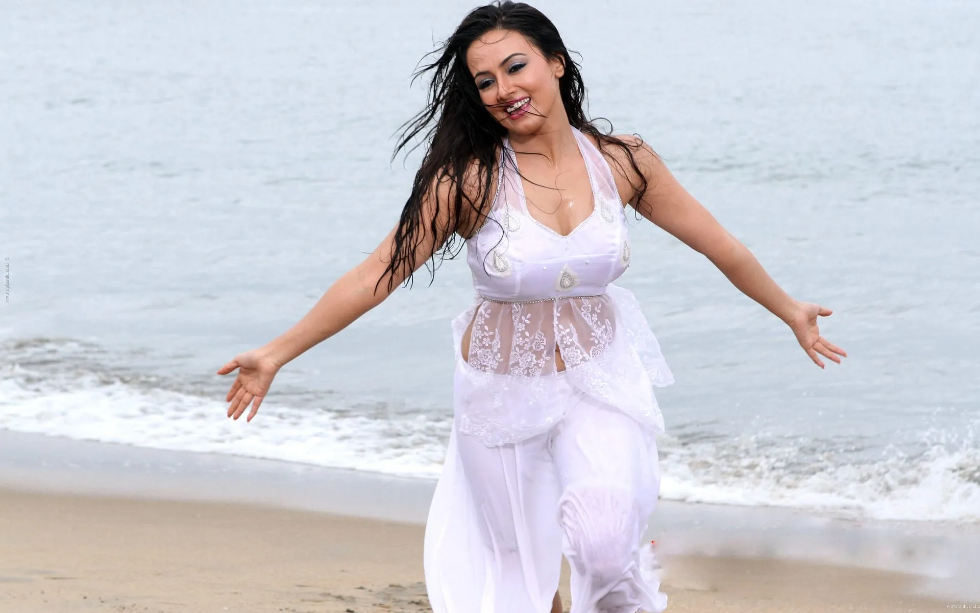 sana khan in white dress at beach beautiful wallpapers
